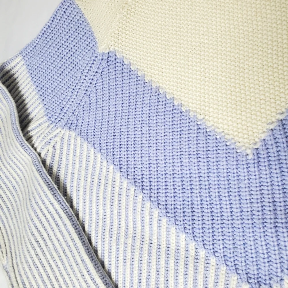 Anthropologie Rue and Willow Cream, Periwinkle Striped Mockneck Cashmere Sweater - Picture 9 of 10